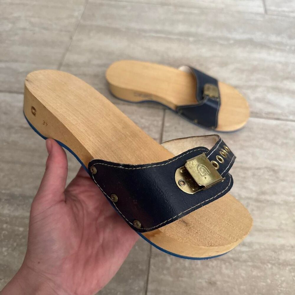 Vintage 70s 80s Exercise Sandals Wood Platform blue leather Strap Sz 37 / 6.5